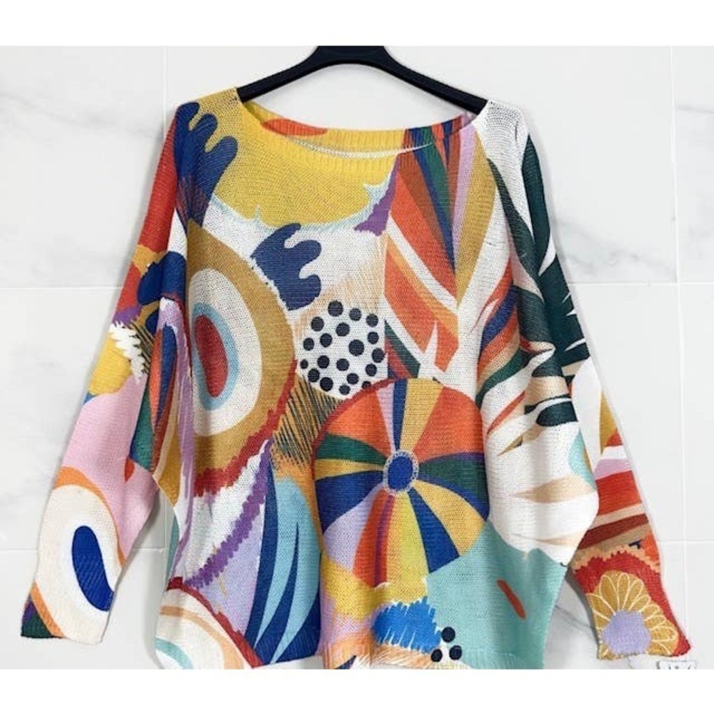 702 MC Loowie Multicolor Abstract Round Knit Printed Sweater One Size